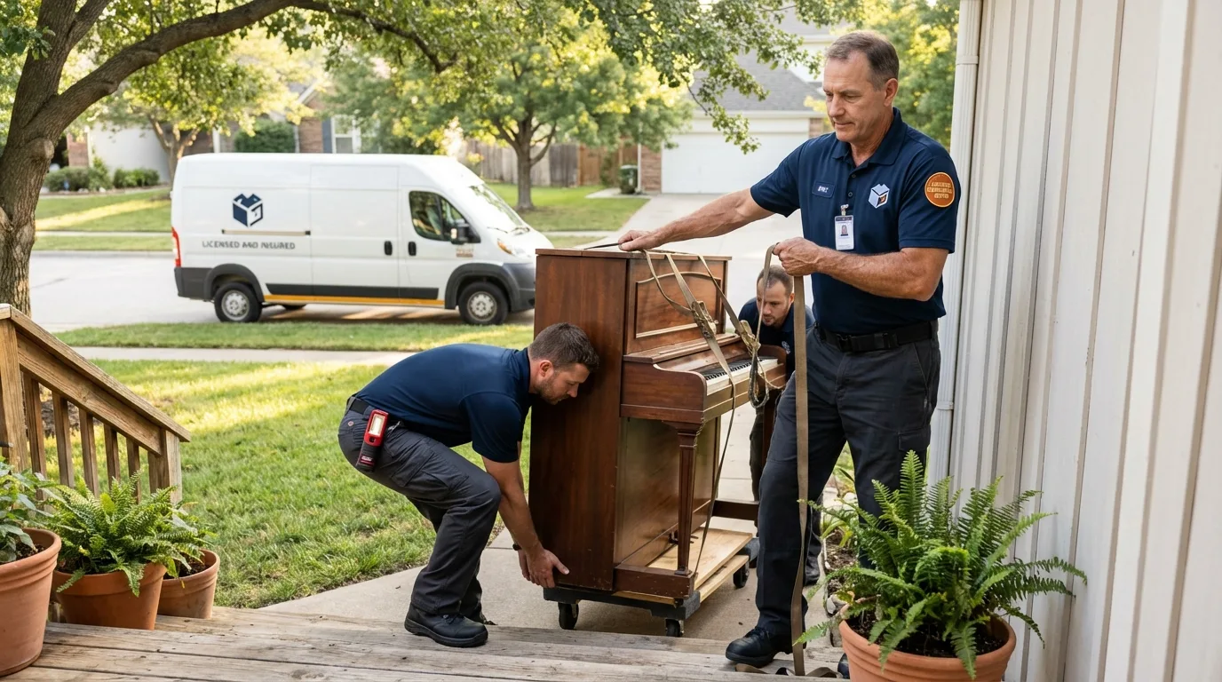 Licensed piano movers securing grand piano in Barnegat, NJ