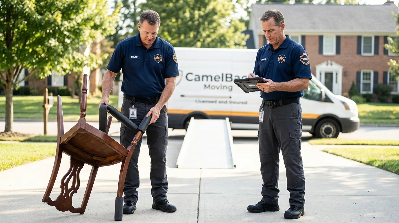 Movers inspecting furniture for damage prevention before loading in Barnegat, NJ