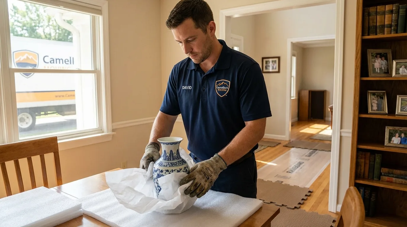 Professional crew carefully wrapping antique vase for senior downsizing move in Barnegat, NJ